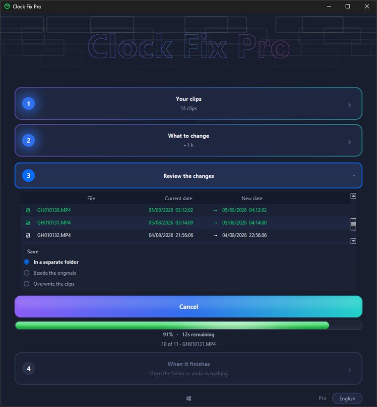 Clock Fix Pro processing a batch of clips