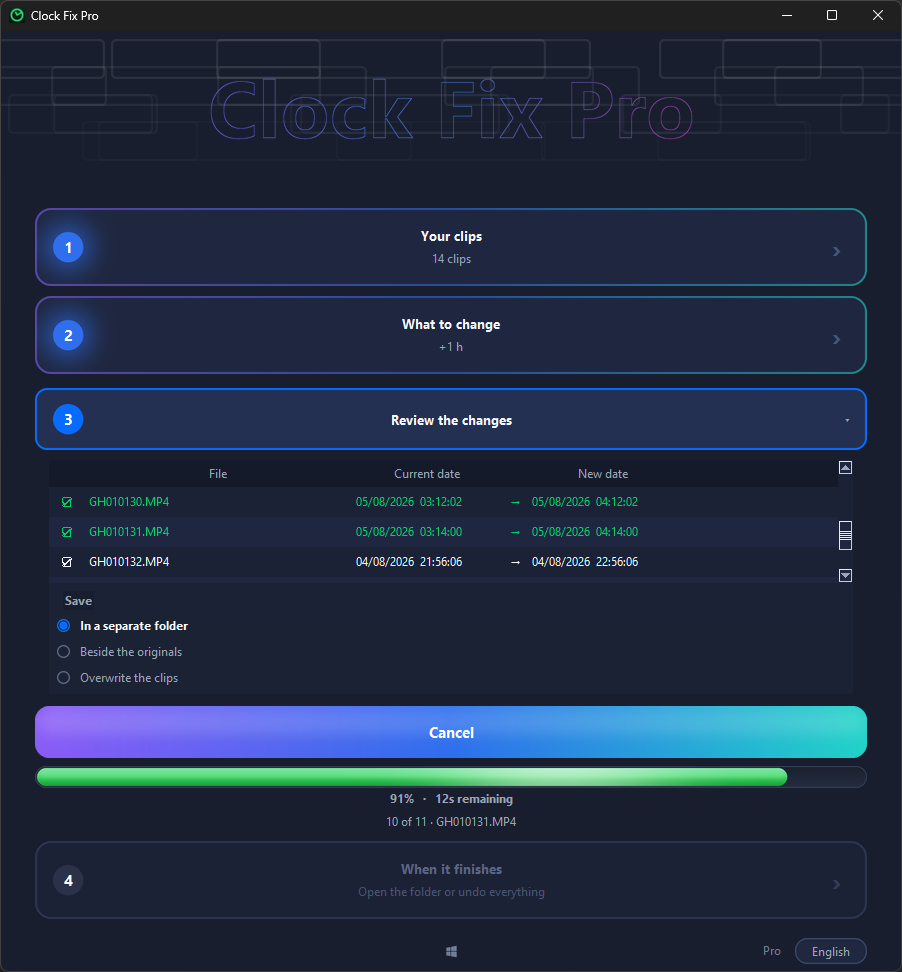 The Clock Fix Pro window, with the current and new date per clip